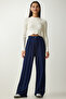 Women's Navy Blue Pleated Palazzo Trousers DW00004 - 3