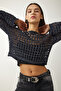 Women's Navy Blue Openwork Sparkling Crop Knitwear Sweater EW00007 - 3