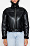Siyah Regular Kalıp Peluş Detaylı Suni Deri Biker Ceket Mont TWOAW24MO00279 - 9