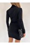 Women's Half-Neck Gather Detailed Sandy Fabric Mini Dress - 2