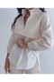 Women's Beige Top Half Zipper Crepe And Poplin Fabric Bottom Waist Elastic Cargo Pocket Pants Bottom-Top Set - 3