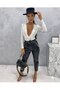 Women's Black Elastic Waist Side Chain Pocket Lace-up Pipe Leg Leather Pants