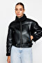 Siyah Regular Kalıp Peluş Detaylı Suni Deri Biker Ceket Mont TWOAW24MO00279 - 6