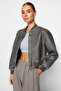 Anthracite Distressed Detail Faux Leather Bomber Jacket Coat TWOAW24MO00278 - 13