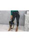 Women's Black Elastic Waist Side Chain Pocket Lace-up Pipe Leg Leather Pants - 3