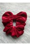 Elastic Buckle in Red Silk Velvet with Bow and Crystal Bead Embroidery on the Edge, Scrunchie