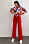 Knitwear Fabric Piece Pattern Long Sleeve Crew Neck Sweater and Wide Leg Trousers Red Double Suit 8050 - 5