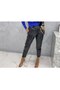 Women's Black Elastic Waist Side Chain Pocket Lace-up Pipe Leg Leather Pants - 2