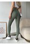 Women's Khaki Colored Fleece Inside Ribbed High Waist Wide Belt Gathering Leggings - 5