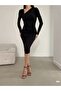 Women's Asymmetrical Collar Long Sleeve Gathered Knee-Length Dress Black - 3