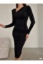 Women's Asymmetrical Collar Long Sleeve Gathered Knee-Length Dress Black - 2