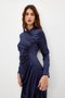 Navy Ruched Detail Woven Satin Evening Dress TCTSS24DB00037 - 3