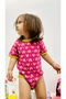 Pink Heart Green Piping Short Sleeve Baby Girl, Children's Bodysuit, Body 100% Cotton Flexible Fabric