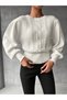 Women's Crew Neck Hair Braided Princess Sleeve White Knitwear Sweater - 2