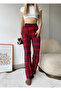 Women's Red Cotton Plaid Patterned Pajama Bottoms with Elastic Waist - 4