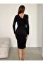 Women's Asymmetrical Collar Long Sleeve Gathered Knee-Length Dress Black - 5