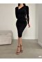 Women's Asymmetrical Collar Long Sleeve Gathered Knee-Length Dress Black - 4