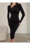 Women's Asymmetrical Collar Long Sleeve Gathered Knee-Length Dress Black