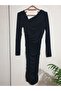 Women's Asymmetrical Collar Long Sleeve Gathered Knee-Length Dress Black - 6