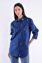 Navy Blue Poplin Shirt with Shiny Stones - 2