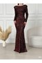 Women's Long Sleeve Bearded Sequin Fabric Back Low-cut Slim Fit Long Fish Model Evening Dress Red - 2
