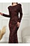 Women's Long Sleeve Bearded Sequin Fabric Back Low-cut Slim Fit Long Fish Model Evening Dress Red - 3
