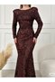 Women's Long Sleeve Bearded Sequin Fabric Back Low-cut Slim Fit Long Fish Model Evening Dress Red