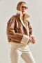 Women's Tan Fur Leather Coat with Side Pockets 40941022 - 3