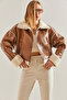 Women's Tan Fur Leather Coat with Side Pockets 40941022 - 7