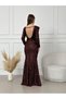 Women's Long Sleeve Bearded Sequin Fabric Back Low-cut Slim Fit Long Fish Model Evening Dress Red - 5