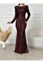 Women's Long Sleeve Bearded Sequin Fabric Back Low-cut Slim Fit Long Fish Model Evening Dress Red - 4
