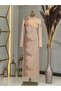 Front Applique Embroidered Pencil Crescent Hijab Evening Dress Mink