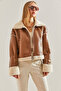 Women's Tan Fur Leather Coat with Side Pockets 40941022 - 5