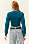 Women's Petrol Deep Low-cut Waist Banded Crop Blouse BLZ-19001696 - 6