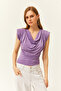 Women's Lilac Padded Degaje Collar Flowy Blouse BLZ-19002217 - 5