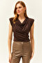 Women's Bitter Brown Padded Collar Loose Blouse BLZ-19002217 - 3