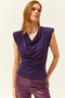 Women's Purple Padded Degaje Collar Flowy Blouse BLZ-19002217 - 2
