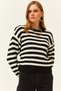 Women's Black Thessaloniki Knit Striped Soft Textured Knitwear Sweater KZK-19000736