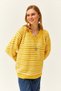 Women's Yellow V-Neck Striped Soft Textured Knitwear Sweater KZK-19000739 - 3