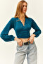 Women's Petrol Deep Low-cut Waist Banded Crop Blouse BLZ-19001696