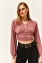 Women's Dusty Rose Deep Low-cut Crop Blouse with Waist Band BLZ-19001696 - 5