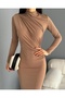 Women's Gathered Turtleneck Long Sleeve Sandy Long Dress - 2