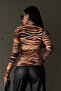 Women's Orange Horizontal Line Patterned Finger Detailed Bodysuit - 5