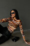Women's Orange Horizontal Line Patterned Finger Detailed Bodysuit - 2