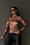 Women's Orange Horizontal Line Patterned Finger Detailed Bodysuit - 6