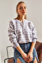 Women's Lilac Ecru Collared Knitted Turtleneck Striped Sweater 20223207 - 6