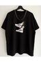 Men's Black Shoes Printed Oversize Crew Neck Combed Cotton T-Shirt
