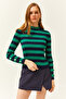Women's Green Striped Sleeve Buttoned Lycra Knit Sweater KZK-19000731 - 2