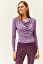 Women's Lilac Padded Pleated Degaje Collar Blouse BLZ-19002419 - 5