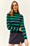 Women's Green Striped Sleeve Buttoned Lycra Knit Sweater KZK-19000731 - 3